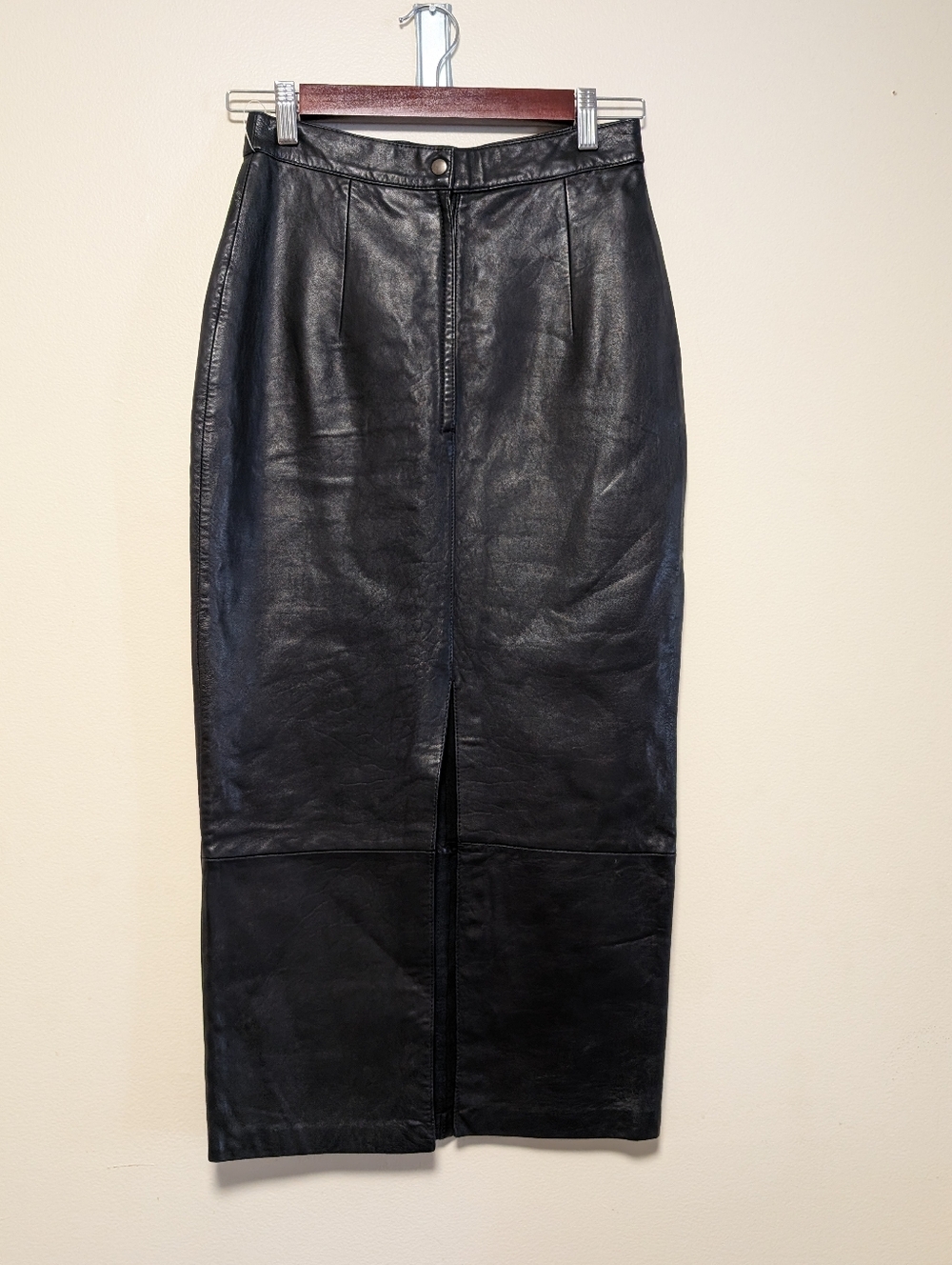 Andrew Marc Black Leather Midi Skirt Size 6 Front Slit